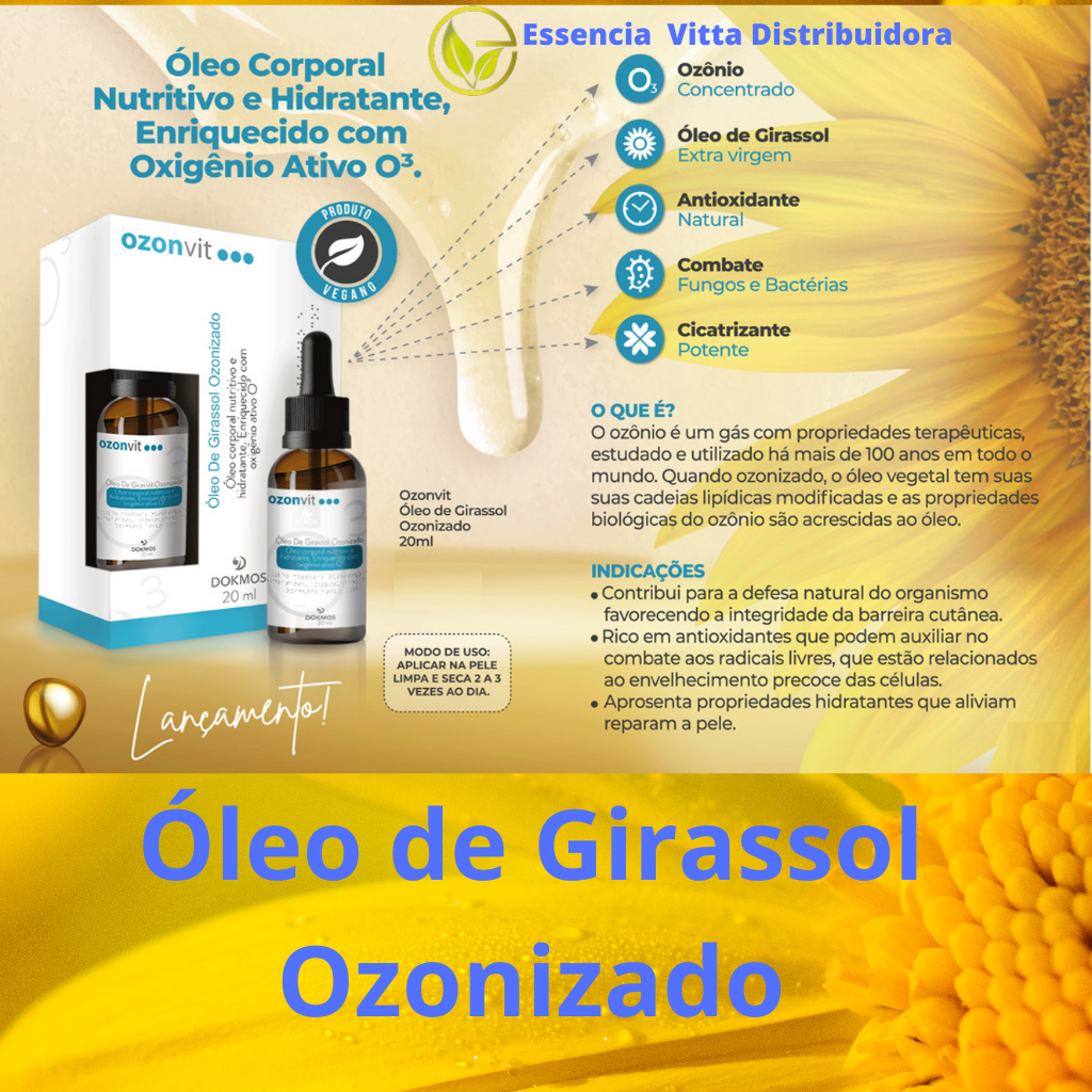 OzoniVit - O Oleo de Girassol Ozonizado Benefícios do produto: Hidratação intensa: O óleo de girassol ozonizado é um excelente hidratante para a pele. Ele ajuda a reter a umidade e a prevenir a perda excessiva de água, mantendo a pele hidratada e suave. Ação antioxidante: O ozônio presente no óleo de girassol ozonizado possui propriedades antioxidantes, ajudando a combater os radicais livres e reduzindo o estresse oxidativo na pele. Isso contribui para a proteção contra danos celulares e o envelhecimento precoce da pele. Propriedades anti-inflamatórias: O óleo de girassol ozonizado possui propriedades anti-inflamatórias que ajudam a acalmar a pele irritada e reduzir a vermelhidão. Isso pode ser benéfico no tratamento de condições inflamatórias da pele, como acne, eczema e dermatite. Estimula a regeneração da pele: O ozônio presente no óleo de girassol ozonizado tem a capacidade de estimular a regeneração celular e o processo de cicatrização da pele. Isso pode auxiliar na reparação de danos cutâneos, como cicatrizes, feridas e queimaduras. Equilibra os processos naturais da pele: O óleo de girassol ozonizado atua no reequilíbrio dos processos naturais da pele, auxiliando na restauração da barreira cutânea e na manutenção da saúde da pele. É importante ressaltar que, embora o óleo de girassol ozonizado possa oferecer esses benefícios, cada pessoa pode ter uma resposta individual à sua utilização. É recomendado realizar um teste de sensibilidade antes de aplicar o produto em uma área maior da pele e, em caso de dúvidas ou condições específicas, consultar um dermatologista.  Recomendação de uso: Recomenda-se aplicar o OzôniVit diretamente na região afetada duas vezes ao dia ou conforme orientação médica. Precaução: Não utilizar o produto em casos de alergia aos componentes da fórmula. Em caso de irritação, suspender o uso e consultar um médico. Modo de usar: Aplicar uma pequena quantidade do produto diretamente na região afetada e massagear suavemente até a completa absorção. Repetir o processo duas vezes ao dia ou conforme orientação médica. Informações do Produto Preço: BRL 45,00 Frete: Consulte seu CEP Embalagem: Pote 20 ml com dosador Precauções.:  Evite contato com os olhos, caso ocorra enxague com agua abundante. Em caso de irritação, suspenda o uso. Manter for a do alcance de crianças e conservar em local fresco